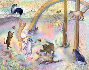 Rainbow Bridge cat 5x7 8x10 signed art print tabby tuxedo siamese ginger sorry for your loss condolences sympathy from Susan Alison painting