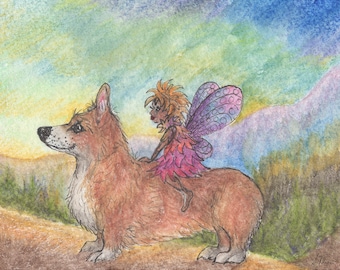 Pembroke Welsh corgi dog fairy 8x10 inch print fantasy riding rider magic ready to ride Susan Alison Art her trusty steed faerie adventure