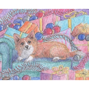 Welsh Corgi dog 5x7 & 8x10 art prints thinking seriously about decluttering his Christmas clutter from a Susan Alison watercolour painting