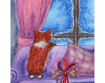 Pembroke Welsh corgi dog pup puppy 5x7 & 8x10 art print sable from a Susan Alison painting watching snow fall Christmas Eve staring at storm