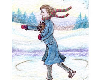 Cairn Terrier dog 5x7 8x10 print hitching a lift from ice skater figure skating ratter skater snowy landscape from Susan Alison w/c painting