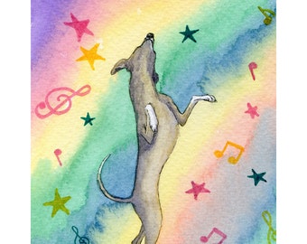 Dancing greyhound 5x7 and 8x10 inch art print print dance like no one is watching whippet lurcher sighthound dancing music by Susan Alison