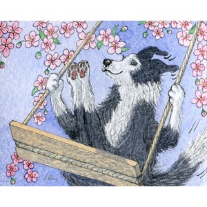 Border Collie dog 5x7 and 8x10 art prints poster sheepdog swinging in the spring apple blossom from a Susan Alison watercolour painting