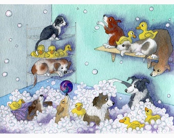 Bubble bath dog pup 5x7 8x10 art print puppies playing messing around bathroom rubber ducks fun at bathtime that wet-dog smell Susan Alison