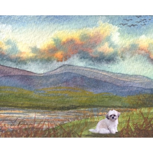 The Hills are Calling Shih Tzu toy dog 8x10 and 5x7 inch signed prints poster hills landscape from a watercolour painting by Susan Alison