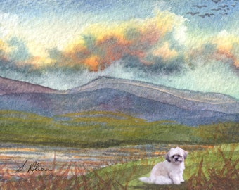 The Hills are Calling Shih Tzu toy dog 8x10 and 5x7 inch signed prints poster hills landscape from a watercolour painting by Susan Alison