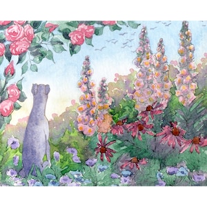 Whippet greyhound dog print 5x7 and 8x10" lurcher sighthound from a Susan Alison watercolour painting lazy days in the garden flowers roses