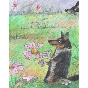 Black head tri colour Welsh Corgi dog 5x7 & 8x10 art print poster she loves me she loves me not black n tan by Susan Alison flowers daisy