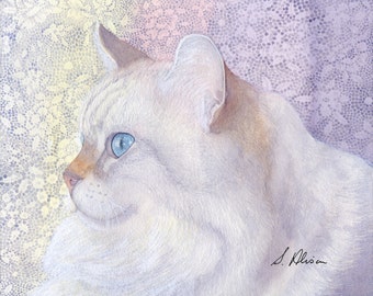 White cat 5x7 and 8x10 inch signed art print poster grace in the morning Siberian long-haired kitty from a Susan Alison watercolour painting