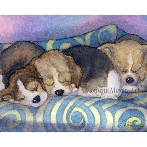 Beagle scent hound dog 5x7 8x10 print pups fast asleep on sofa sleeping on couch dreaming puppies from  a Susan Alison watercolour painting