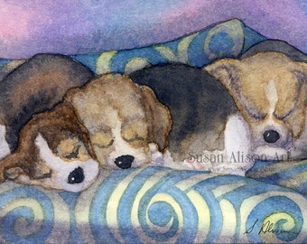 Beagle scent hound dog 5x7 8x10 11x14 print pups fast asleep on sofa sleeping on couch dreaming puppies frm Susan Alison watercolor painting