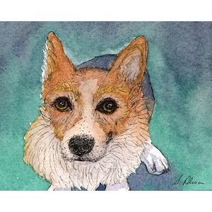 Welsh Corgi dog 8x10 & 5x7 print this doggo is waiting patiently for his share from Susan Alison watercolour painting drooling give me food!