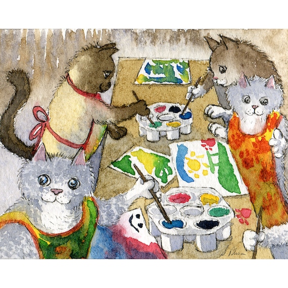 Cat kitten 5x7 and 8x10 art prints nursery school kitties children kids  preschool kindergarten child care painting pictures by Susan Alison