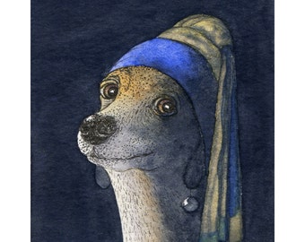 Whippet Greyhound lurcher dog 8x10 and 5x7 art print from a Susan Alison painting parody of girl with a pearl earring Vermeer spoof