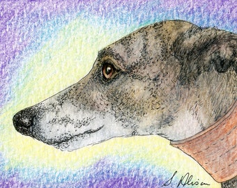 Whippet greyhound lurcher dog 5x7 & 8x10 signed art print from a Susan Alison watercolour painting looking ahead to the future with optimism