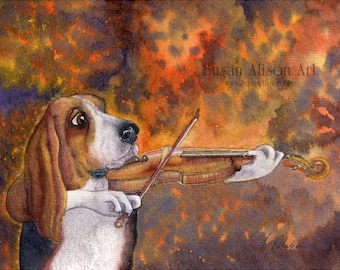 Basset hound 5x7 and 8x10 art print violin playing dog bow hold fiddle musical instrument strings from a Susan Alison watercolor painting