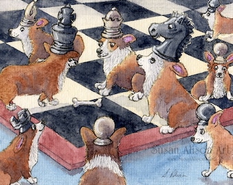 Welsh Corgi dog 5x7 8x10" art print poster pup chess board game pieces match tournament opening tactics strategy from Susan Alison painting