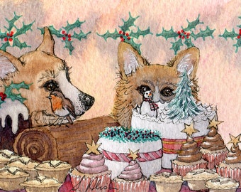 Welsh Corgi dog 5x7" and 8x10" print pup poster Christmas cake chocolate log doggy bags from a Susan Alison watercolour painting mince pies