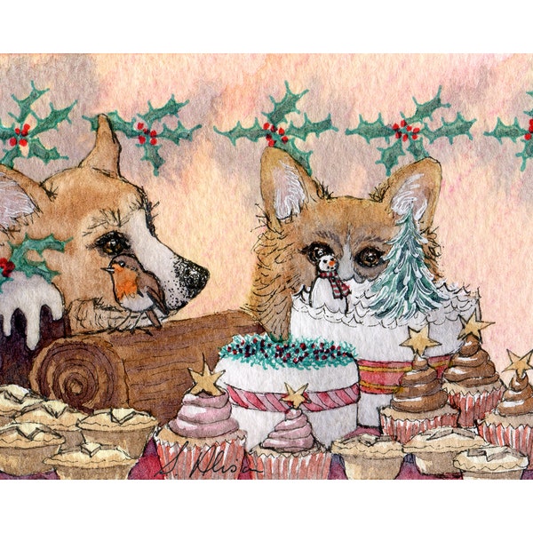 Welsh Corgi chien 5x7" et 8x10" imprimé chiot affiche gâteau de Noël bûche de chocolat doggy sacs d'une aquarelle Susan Alison mince pies