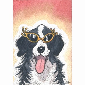 Border Collie dog 8x10 and 5x7 art print poster Hello Puppies! from a Susan Alison watercolour painting sheepdog in glasses Aunt Edna jolly