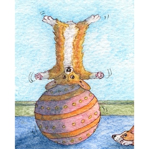 Tricks Welsh Corgi dog 5x7 and 8x10 art prints balancing upside down on a bouncy ball from a Susan Alison watercolour painting showing off