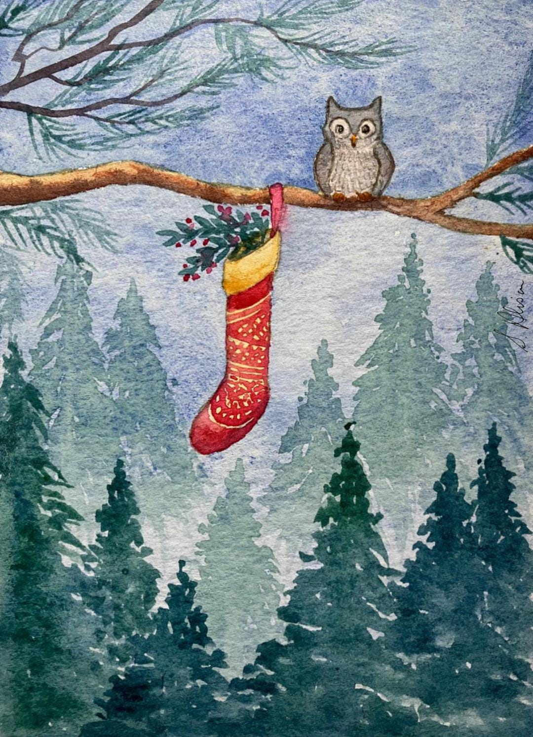 Owl and his Christmas stocking | original watercolour painting landscape | 5x7 inches | Susan Alison