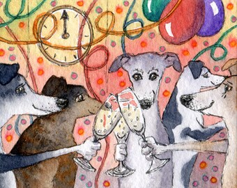 Greyhound whippet dog 8x10 and 5 x7 print poster party animals celebration party midnight from a Susan Alison watercolour painting galgo IG