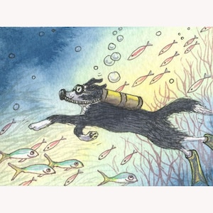 Border Collie deep sea diver 5x7 8x10 inch print dog sheepdog ocean deep sea scuba diving under the sea snorkel snorkelling by Susan Alison