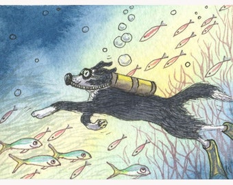 Border Collie deep sea diver 5x7 8x10 inch print dog sheepdog ocean deep sea scuba diving under the sea snorkel snorkelling by Susan Alison