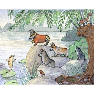 Welsh Corgi dog Rupert bear fish 5x7 and 8x10 art prints poster with his friends talking to a fish from a Susan Alison watercolour painting
