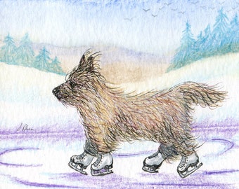Cairn terrier dog 5x7 and 8x10 print poster holiday Christmas ice figure skating ratter skater snowy landscape from a Susan Alison painting