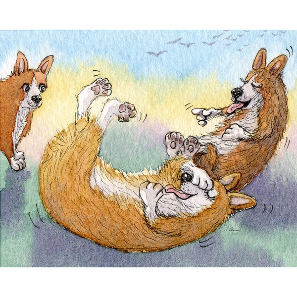 Welsh Corgi dog 5x7 & 8x10 print poster from a Susan Alison watercolour painting he never laughed at his own jokes laugh joke funny humor