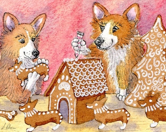 Welsh corgi 5x7 8x10 signed prints poster making a gingerbread house from a Susan Alison watercolour painting dog pups in the kitchen icing