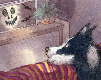 Border collie dog 5x7 8x10 art print Halloween scary safety behind sofa sheepdog from Susan Alison watercolor painting spooky All Saints Eve