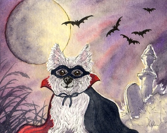 West Highland terrier dog 8x10 and 5x7 inch signed art print Halloween moon dracula cape graveyard from a Susan Alison Westie painting