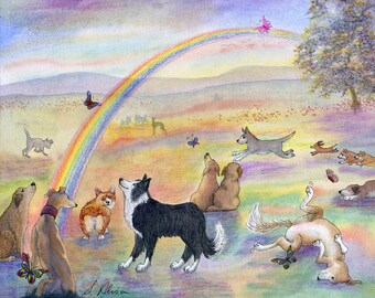 Rainbow Bridge corgi dog 5x7 and 8x10 art print sheepdog greyhound whippet galgo sorry for your loss condolences sympathy by Susan Alison