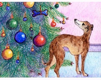 Whippet Greyhound Xmas baubles bone dog print print poster from a Susan Alison watercolour painting galgo IG Christmas tree decorations 8x10