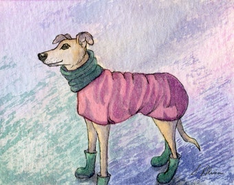 Greyhound whippet dog 5x7 and 8x10 inch print poster coat and bootees no hat from a Susan Alison watercolour painting raincoat mac winter