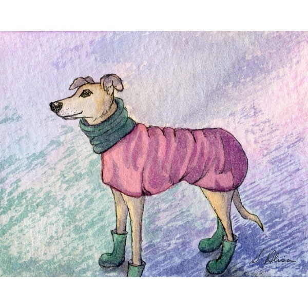 Greyhound whippet dog 5x7 and 8x10 inch print poster coat and bootees no hat from a Susan Alison watercolour painting raincoat mac winter