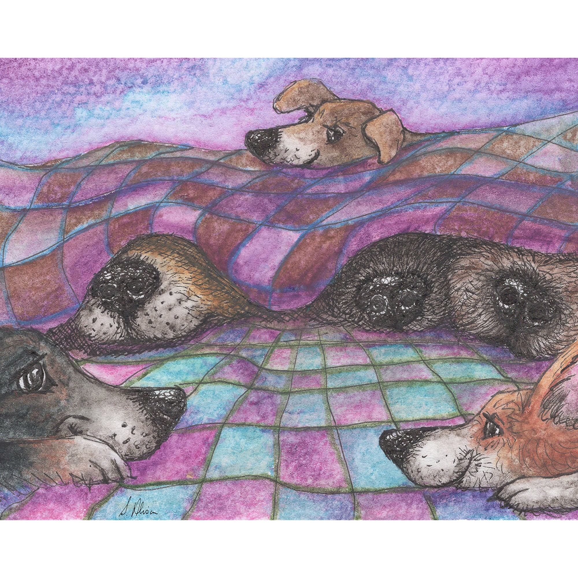 8x10 print gang poster from a Susan Alison watercolour painting dogs corgi greyhound friends terrier pals work like a dog snoozing sleeping