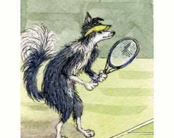 Impression d'art chien Border Collie 5 x 7 et 8 x 10 affiche jouant au match de tennis du Grand Chelem sur gazon de Wimbledon d'après une peinture de Susan Alison