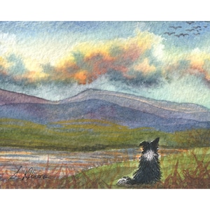 May include: Watercolour painting of a landscape with a black and white dog on a grassy hill, overlooking a lake and mountains. The sky has colourful clouds and a flock of birds. Signed by the artist.