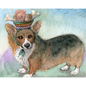 snack attack hat Welsh Corgi dog 8x10 & 5x7 print from Susan Alison watercolour painting have nosh will travel always ready portable larder