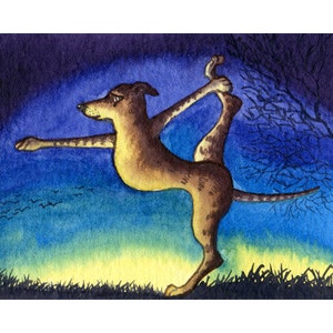 Whippet greyhound dog 5x7 8x10 inch yoga in the morning print poster from a Susan Alison watercolour painting dawn yoga stretching exercise