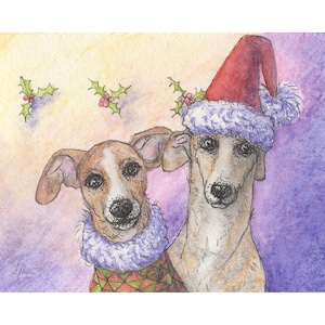 Two greyhound whippet dogs 5x7 and 8x10 art print wearing Santa hats ready for festive season from a watercolour painting by Susan Alison