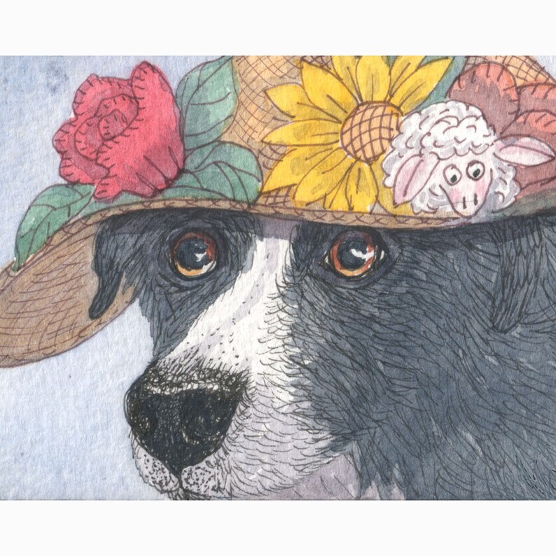 Her special hat Border collie dog art print sheepdog floral Easter bonnet parade from a Susan Alison watercolour painting image 1