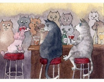 Cat pink poodle 8x10 and 5x7 signed art print self confidence dogs in a bar from a Susan Alison watercolour painting having a drink friends