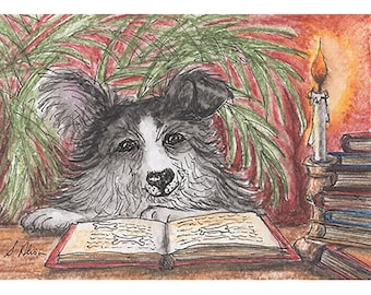 so many books so little time original Border Collie sheepdog mini art ACEO card dog Susan Alison watercolour miniature painting 2.5"x3.5"