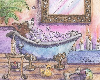 Welsh Corgi dog 5x7 / 8x10 signed art print from a watercolour painting by Susan Alison relaxing bubble bath rubber duck candles cupcake
