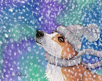 Welsh Corgi dog 8x10 art print - wearing hat and scarf in the snow